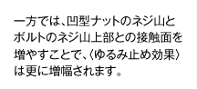 一方では、凹型ナットのネジ山とボルトのネジ山上部との接触面を増やすことで、〈ゆるみ止め効果〉は更に増幅されます。